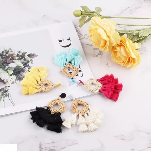 New Wooden Rattan Geometric Tassel Earrings - Picture 3 of 8